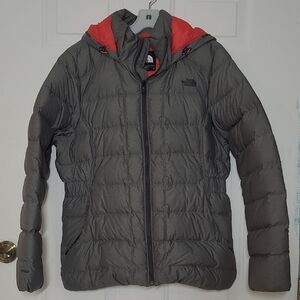 The North Face Women's Gray Puffer Jacket with Salmon Accent.